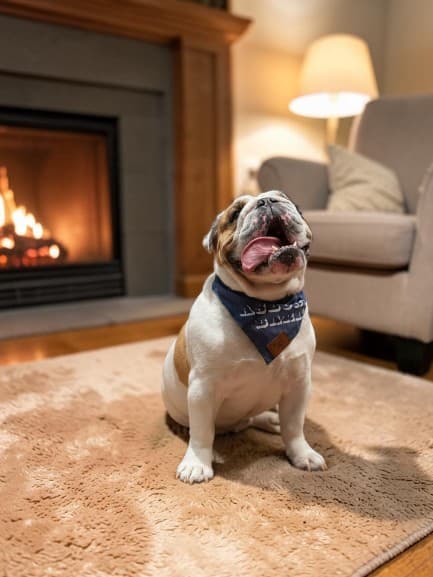 Samson, an English bulldog in a Samson Brand bandana, in a warm hotel lobby